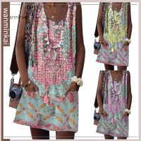 COD DSFGRDGHHHHH ♉Wk Women Summer Bohemian Casual Sleeveless Round Neck Floral Print Beach Mini Dress