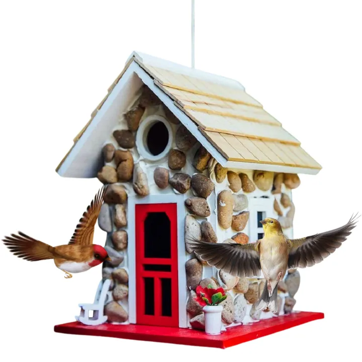 Stone Cottage Bird House Resin Bird Feeder With Roof Country Bird Cottages Nest For Indoor