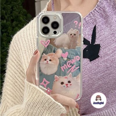 ◇◑ เคสโทรศัพท์มือถือกระจก ชุบไฟฟ้า กันกระแทก ลายแมวน่ารัก สําหรับ IPhone 14 13 12Promax