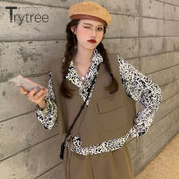 Trytree Spring Autumn Women Two Piece Set Casual Crop Vest + Full Sleeve Blouse Loose Suits 2 Piece Clothing Sets Office Lady