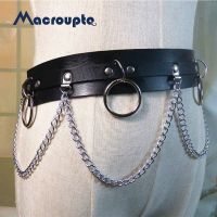 (ETX)2021 New Punk Gothic Faux Leather Belt Metal Chain Ring Waist Strap Street Dance Decor