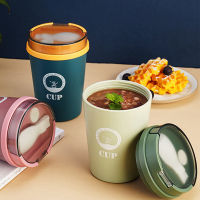 【Ready Stock】 Creative Coffee Cup with lid Spoon &amp; Cover set Milk Cup Water Cup Korean/Japan Style Sealed Portable Plastic Water Cup