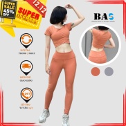 Đồ Tập Gym nữ BAS - Sportswear Áo Croptop có tay Phối Quần Legging Lưng