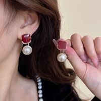 [COD] needle French dripping oil square pearl circle earrings retro court style womens niche fashion