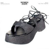 womenager - Dani platform Black denim รองเท้าแตะ ส้นตึก