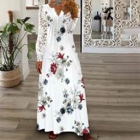 Spring/Summer Womens Fashion Print Loose Sleeve Dress 2023 Elegant Womens White V-neck Lace Edge Long Dresses Vestidos S-5XL