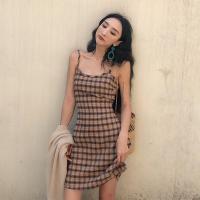 Korean Ladies All-match R Square Lattice Suspenders Round Neck Slim Slimming Dress Women