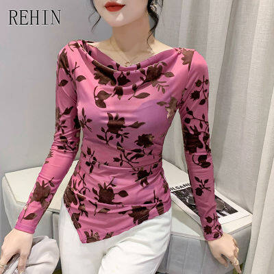 REHIN ผู้หญิงฤดูใบไม้ร่วงใหม่ไม่สม่ำเสมอยืด Slim Jacquard แขนยาวเสื้อยืดแฟชั่นบาง Bottoming เสื้อ