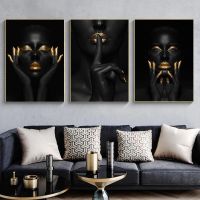 African Art Black And Gold Woman ภาพวาดสีน้ำมันบนผ้าใบ Cuadros โปสเตอร์และพิมพ์ Scandinavian Wall Art รูปภาพสำหรับห้องนั่งเล่น New