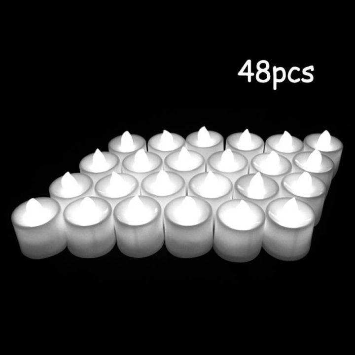เทียนพลาสติกสีเหลือง12-24-36-48ชิ้นโคมไฟเทียนกลมขนาดเล็กอิเล็กทรอนิกส์นำไร้ผลสำหรับแสงกลางแจ้ง