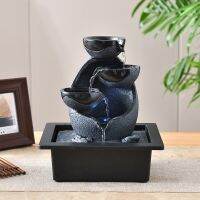 Indoor Electric Tabletop Fountain With LED Lights - Decorative Tiered Rock And Waterfall Design - Quiet And Soothing Water Sound