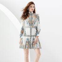 Womens Dress New Vintage Prints 2023 Resort Vintage Court Style Stand Up Collar Loose Balloon Sleeve Painted Mini Dress