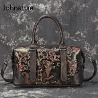 Johnature 2022ใหม่หนังแท้ย้อนยุคผู้หญิงกระเป๋าความจุขนาดใหญ่ชั้นแรก Cowhide สันทนาการหญิงกระเป๋าสะพาย Messenger ได้