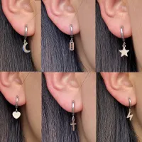 Punk Stainless Steel Small Huggie Hoop Star Moon Dangle Earrings for Women Men Fashion Geometric Heart Butterfly Pendant Earring