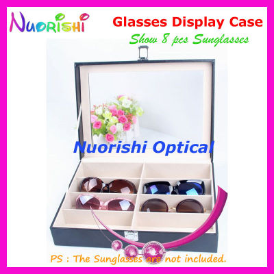 Holding 8pcs Eyewear Sunglass Eyeglass Glasses Black Leather Display Sample Case Box With Clear Cover A633C-8S Free Shipping