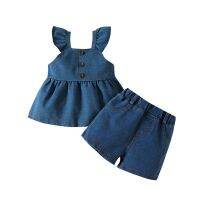 Pudcoco Infant Baby Girl Summer Outfit Dot Solid Color Fly Sleeve Buttons Denim Tops Elastic Waist Shorts 2Pcs Clothes Set  by Hs2023