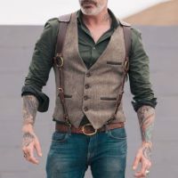 LINHUA Sleeveless Men Vest Retro Waistcoat Mens Coats Man Coat Male Clothes Jackets Clothing Tactical Padded Mens Vests Golf