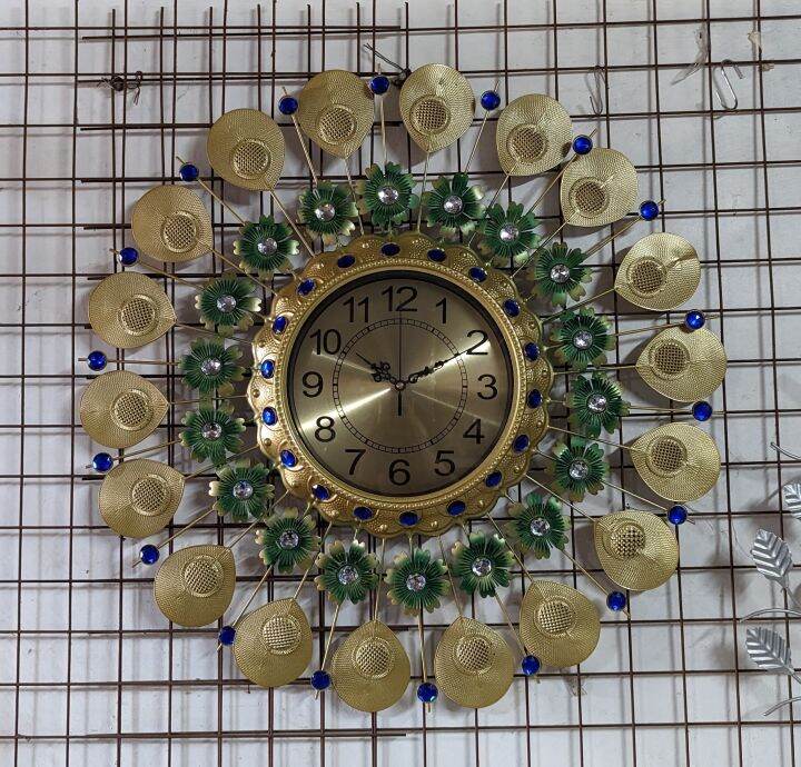 Wall Clock Gold and Green Leaves with Blue Accents Lazada PH