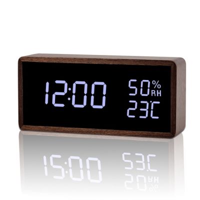 【Worth-Buy】 นาฬิกาปลุกไฟ Led แบบเส้นใยที่ทันสมัยเครื่องวัดอุณหภูมิความชื้นตั้งโต๊ะควบคุมเสียงนาฬิกาไม้