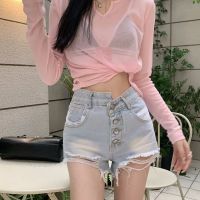 กางเกงขาสั้น Summer ripped high waist a-line denim shorts womens blue raw-edged straight-leg hot pants shorts