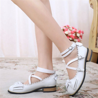 Fashion Plus Size 42 Women Round Toe Lolita Pumps Ankle Strap Low Heel Leather Cosplay Pumps Sweet Bowtie Princess Party Shoes