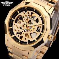 （A Decent035）ผู้ชนะแบรนด์นาฬิกาผู้ชาย Mechanical Skeleton นาฬิกาข้อมือ Casual Automaticwatch Gold Steel Band Relogio Masculino