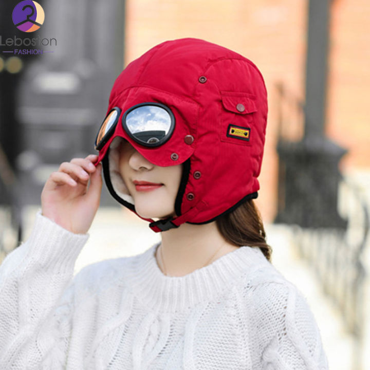 leboston-หมวก-ฤดูหนาวขี่จักรยานแว่นตาป้องกันหูหมวกป้องกันใบหน้าหนาหมวกลมหลักฐาน