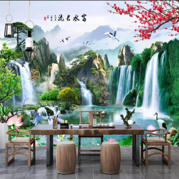 Customized 3D mountain lotus flowing water scenery home decor wallpaper