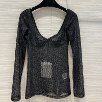 y Low-Cut Lace Tops Women High Quality Court Style Jacquard Border Solid Color Long Sleeve Mesh Slim Undershirt 2022 Spring