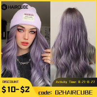 HAIRCUBE ยาวหยักสีม่วงสีเทา O Mbre วิกผมสังเคราะห์สำหรับผู้หญิงกลางส่วนทนความร้อนธรรมชาติผมฮาโลวีนคอสเพลย์วิกผม