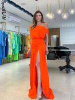 2023 Summer New Women 39;s High Split Off Shoulder Maxi Dress Female Sexy One Word Neck Slit Orange Short-sleeved Solid Dresses