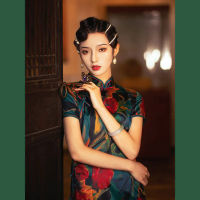 จีนดั้งเดิม Qipao ชุดผู้หญิงที่ทันสมัย2023สีเขียวพิมพ์แขนสั้นยาว Cheongsam เซ็กซี่ที่สง่างามแยกบางชุดย้อนยุค