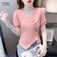 YIGE Short Top Cotton 2022 Summer Diagonal Neck Slit Design Sense Fold Irregular T-Shirt Women