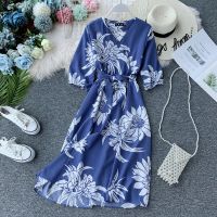 COD DSTGRTYTRUYUY Korean Chiffon Flower Dress For Women Summer V Neck Midi Beach Dresses