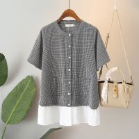 【มีไซส์ใหญ่】Plus Size Womens Patchwork Summer Blouses Short Sleeve Vintage Button Up Female Tops Ladies Elegant Office-wear Top