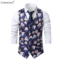 Christmas Print V Neck Vest Men Blazer Suit Single Breasted Sleeveless Coat Man Slim Fit Tank Top Man Suits for Party