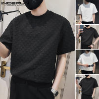 Beehoo INCERUN Men Short Sleeve Waffled Pattern Shirts Summer Tee Tops ลำลอง (สไตล์เกาหลี)