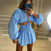 Fandy Lokar V Neck Short Tops Suits ashion Lace Up Solid Suit Women Elegant Ruffle Mini Skirts Suits Female Ladies