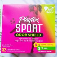 ผ้าอนามัยแบบสอด ขจัดกลิ่นไม่พึงประสงค์ เหมาะกับวันมาปกติ และ วันมามาก Sport® Odor Shield Plastic Applicator Tampons, Regular &amp; Super 32 Pieces (Playtex®)