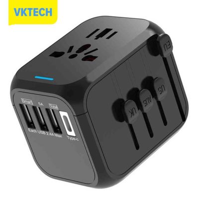 [Vktech] Universal Travel Plug Adapter 3USB Type C Socket Wall Charger สำหรับ Uk/eu/au/us