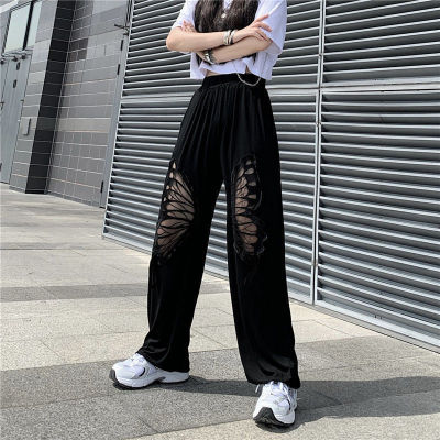 ‘；’ Retro Streetwear Women Hollow Out Wide Leg Pants Loose Oversize 4XL High Waist Elastic Straight Trousers Summer Gothic Pants New