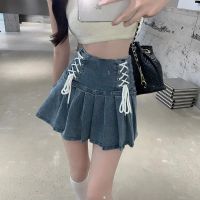 【CC】❅◇❀  MEXZT Denim Pleated Skirt Waist Bandage A Skirts Streetwear Up Jeans