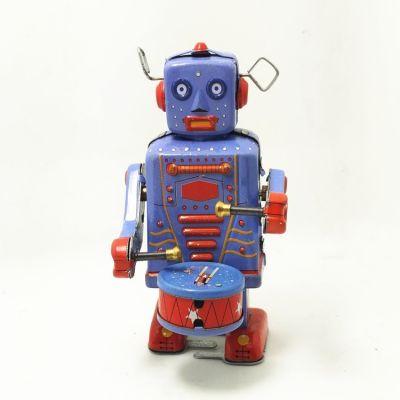 [Funny] Collection Retro Clockwork Wind up Metal Walking Tin Band Play gong drum robot recall Mechanical toy kids christmas gift