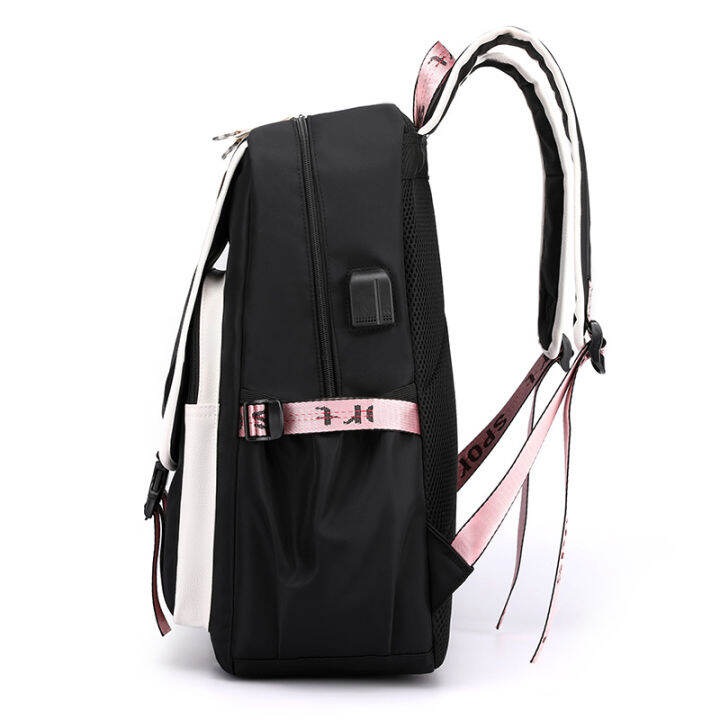 fengdong-large-school-bags-for-teenage-girls-usb-port-canvas-schoolbag-student-book-bag-fashion-black-pink-teen-school-backpack