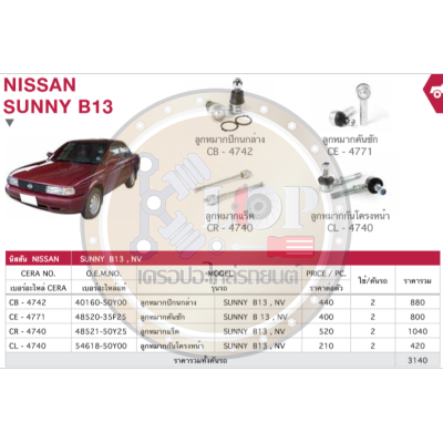 ชุดเปลี่ยนลูกหมากช่วงล่าง(CERA) NISSAN SUNNY B13 OEM ราคา