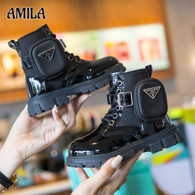 AMILA รองเท้าบูทมาร์ตินชาย,พื้นรองเท้านิ่มรองเท้าบูทแฟชั่นหนังที่ลื่นมันวาวสไตล์อังกฤษรองเท้าบูทซิปข้างเด็กผู้หญิง