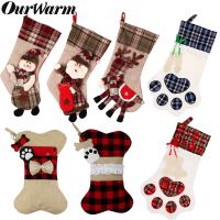 OurWarm New Year 2022 Christmas Stockings Reindeer Snowman Santa Claus Socks Plaid Christmas Gift Bags Xmas Tree Ornaments Socks Tights