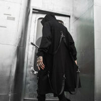 Spring Autumn Men Hooded Cloak Long Jacket Overcoat Ribbons Patchwork Punk Hip Hop Long Trench Coat Men Black Zipper Techwear