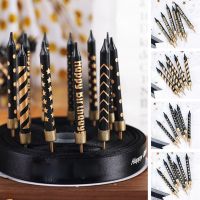 6Pcs Black And Gold Striped Wave Point Star Baking Cake Candles For Birthday Party Wedding Decorations Floating Candles