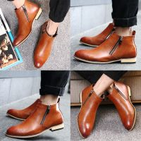 CODwuyan8340 Mens British Pointed Leather Ankle Boots Business High Tops Shoes Brown